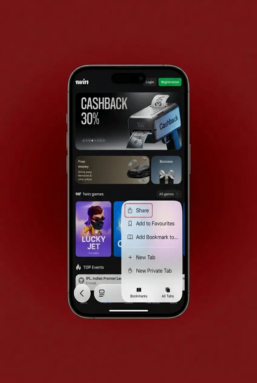 1win website homepage displayed on iOS device screen for downloading Crazy Time app