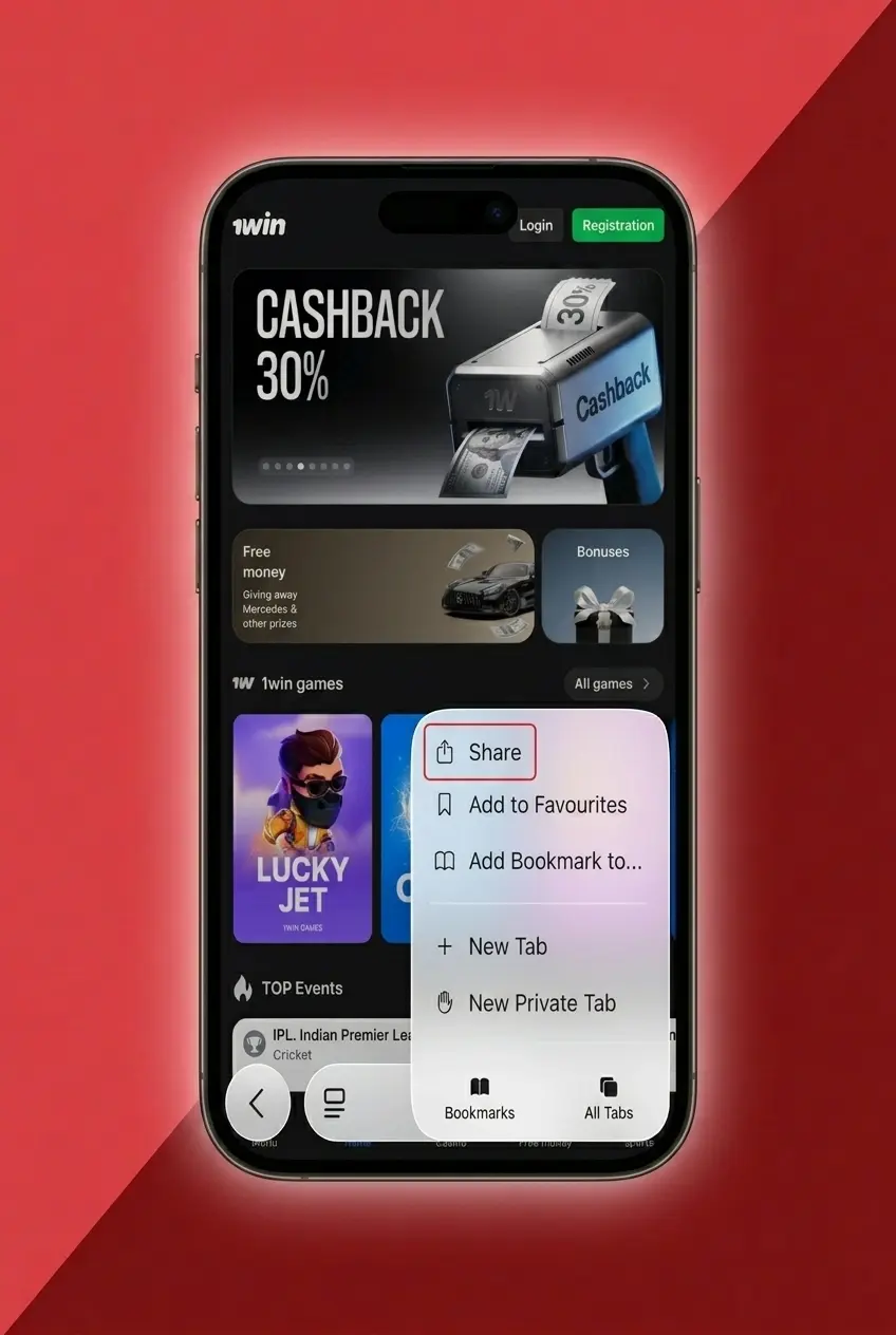 1win iOS app installation steps showing Safari browser Share menu with Add to Home Screen option for Crazy Time access