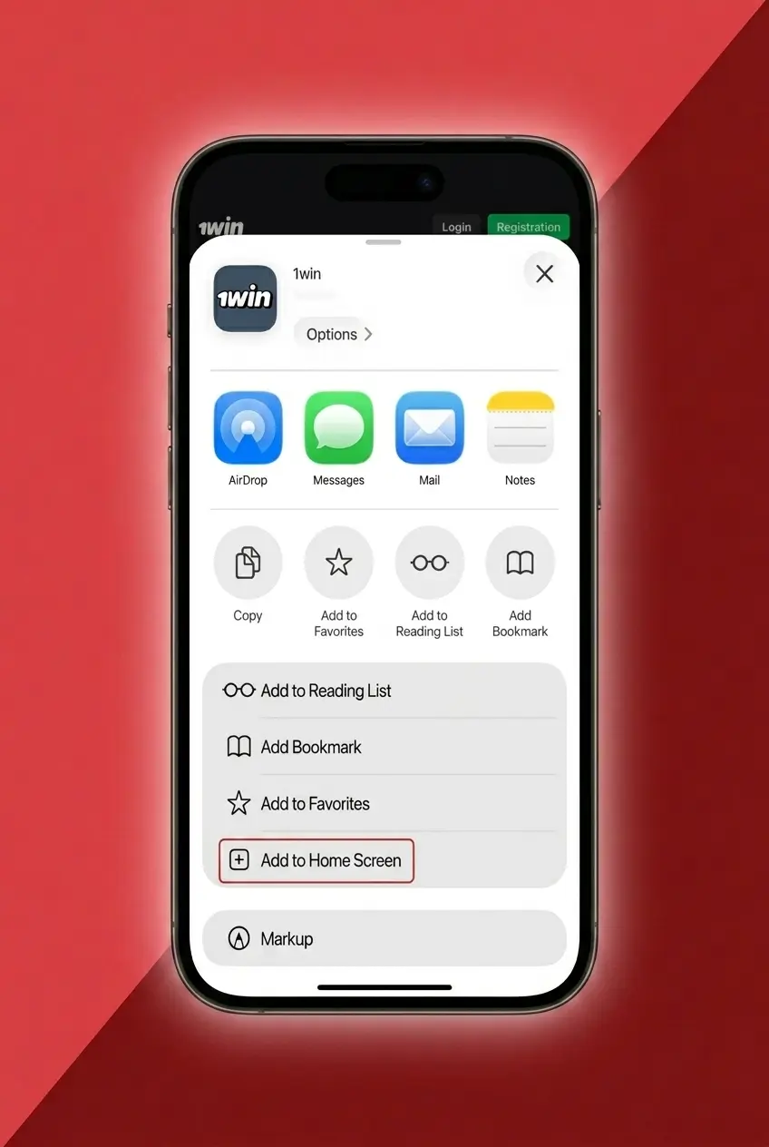 1win iOS app installation steps showing Safari browser Share menu with Add to Home Screen option for Crazy Time access