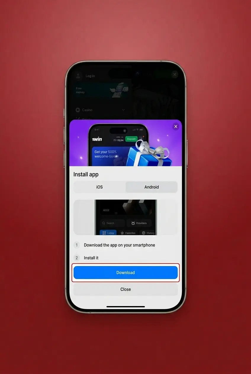 1win Crazy Time APK download and installation steps on Android device screen