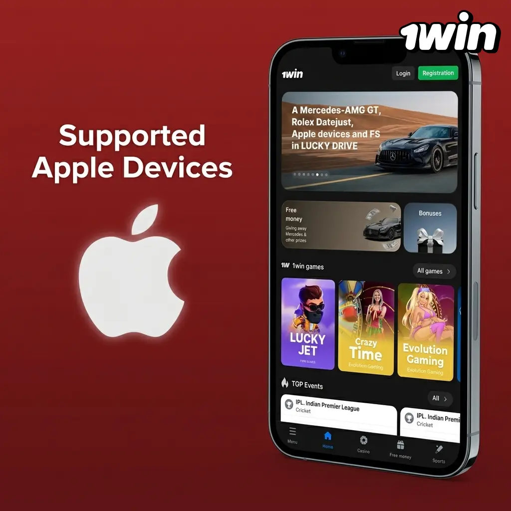 Apple devices supported for Crazy Time on 1win, including iPhone SE, iPhone 12-16, iPad Air, and iPad mini running iOS 12+