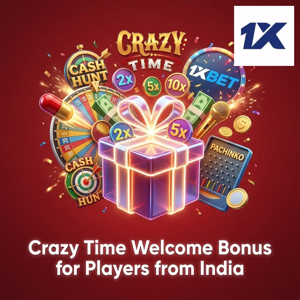 1xBet Crazy Time welcome bonus 100% match up to 150,000 INR plus 150 free spins for Indian players