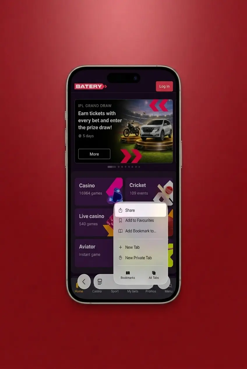 Crazy Time app download screen on iOS device showing Batery website for installation guide
