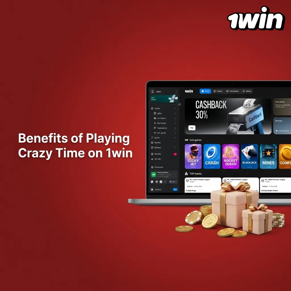 1win Crazy Time benefits for Indian players showing RTP, INR deposits, bonus rounds and live stats panel features