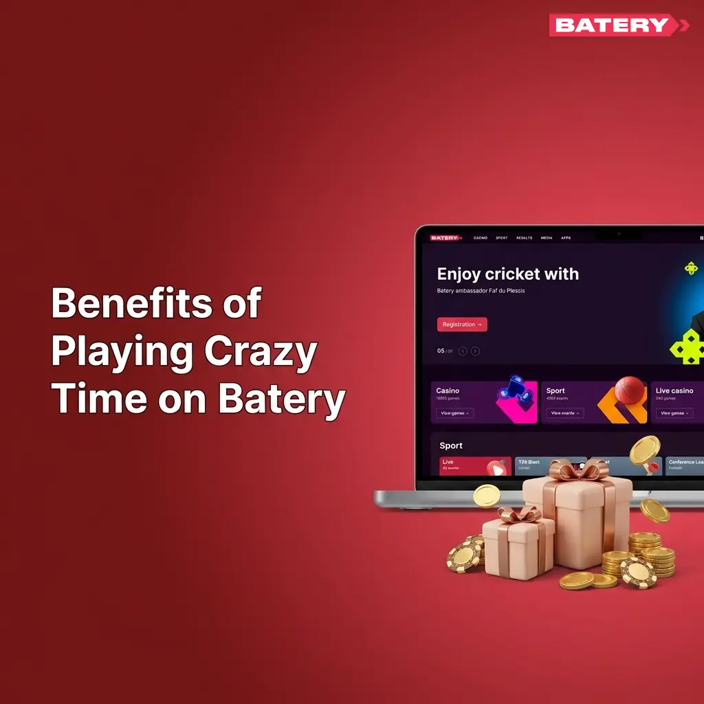Batery Crazy Time benefits showing live stats, INR deposits, 500% bonus, and mobile access for Indian players