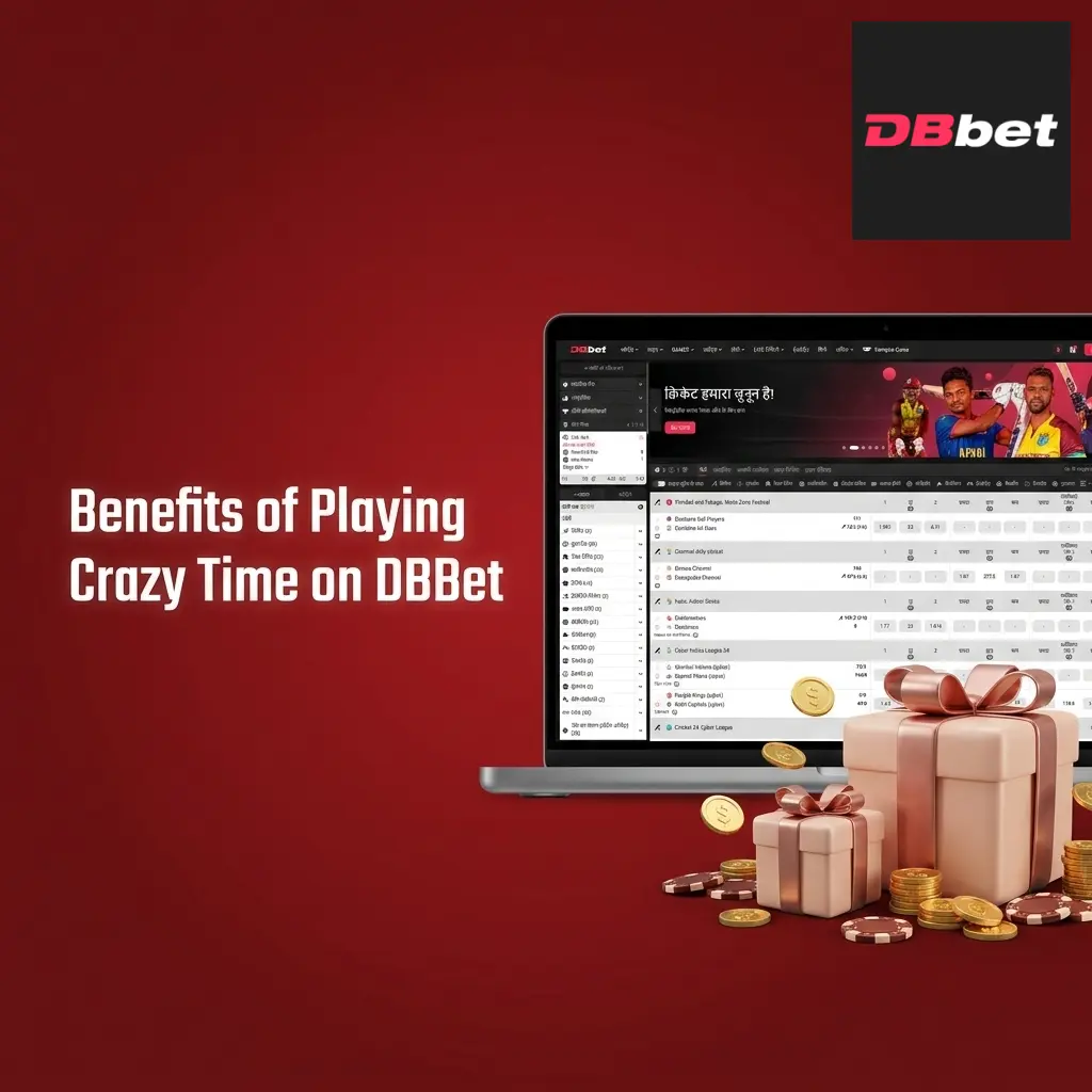 DBBet Crazy Time benefits showing RTP, live stats, UPI payments, and mobile support for Indian players