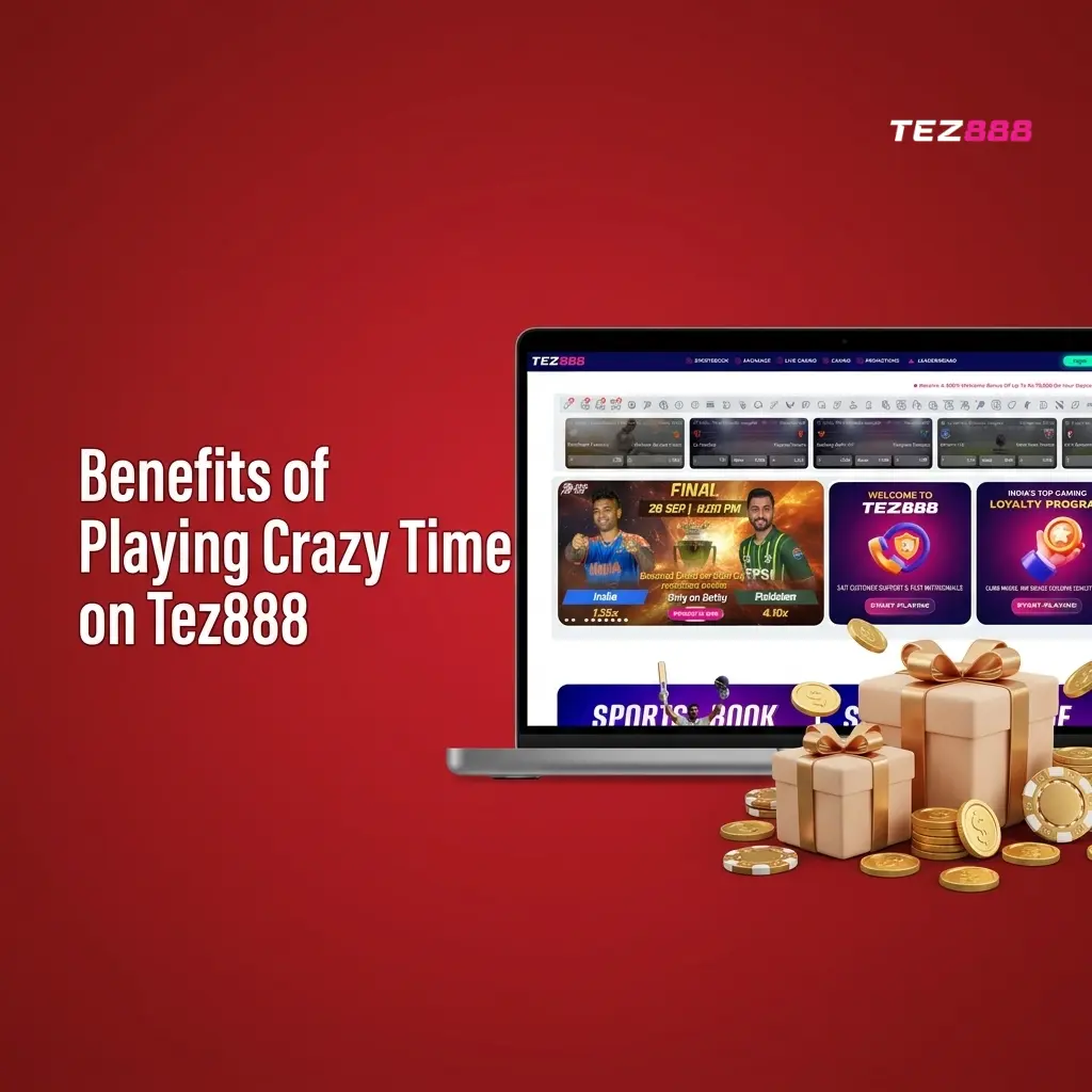 Tez888 Crazy Time benefits including INR deposits, live stats, high RTP, and 24/7 support for Indian players