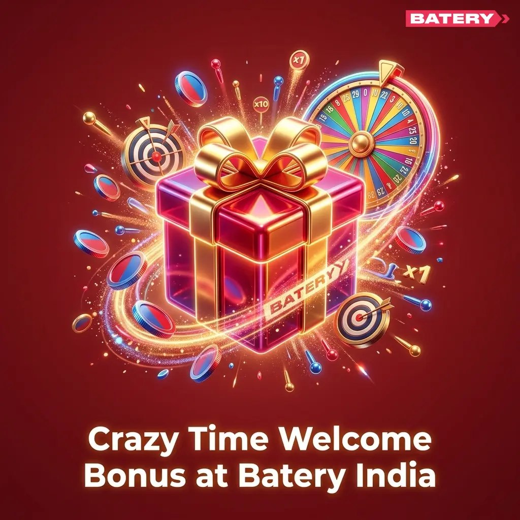 Batery India welcome bonus 500% plus 430 free spins for new casino players to use on Crazy Time live game