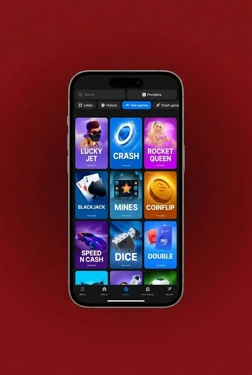 1win app home screen showing steps to register and start playing Crazy Time live casino game in INR