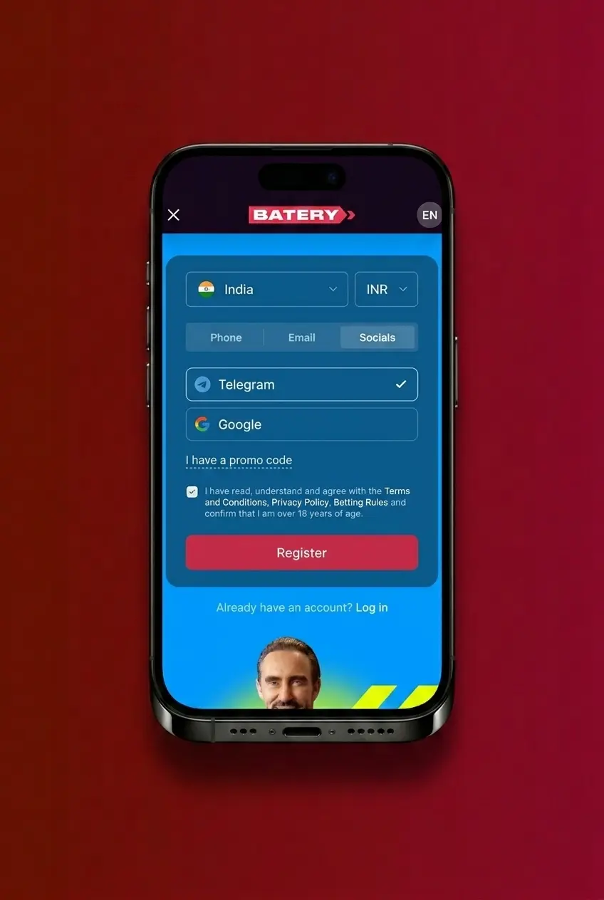 Batery app interface showing steps to register, deposit INR, and start playing Crazy Time in Live Casino