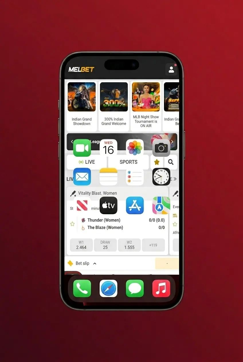 Melbet app home screen showing steps to start playing Crazy Time in the live casino section