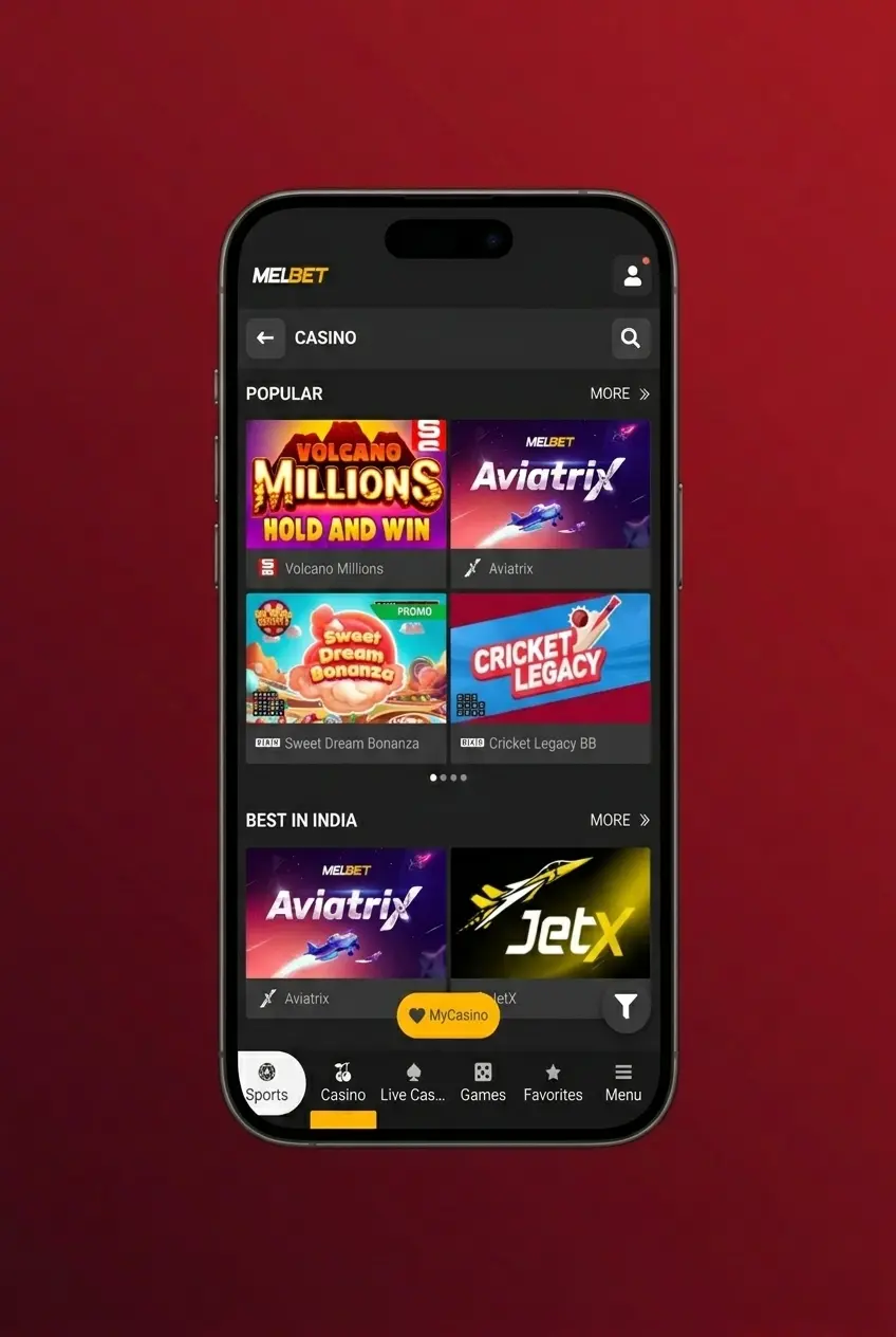 Melbet app home screen showing steps to register and start playing Crazy Time in the live casino section