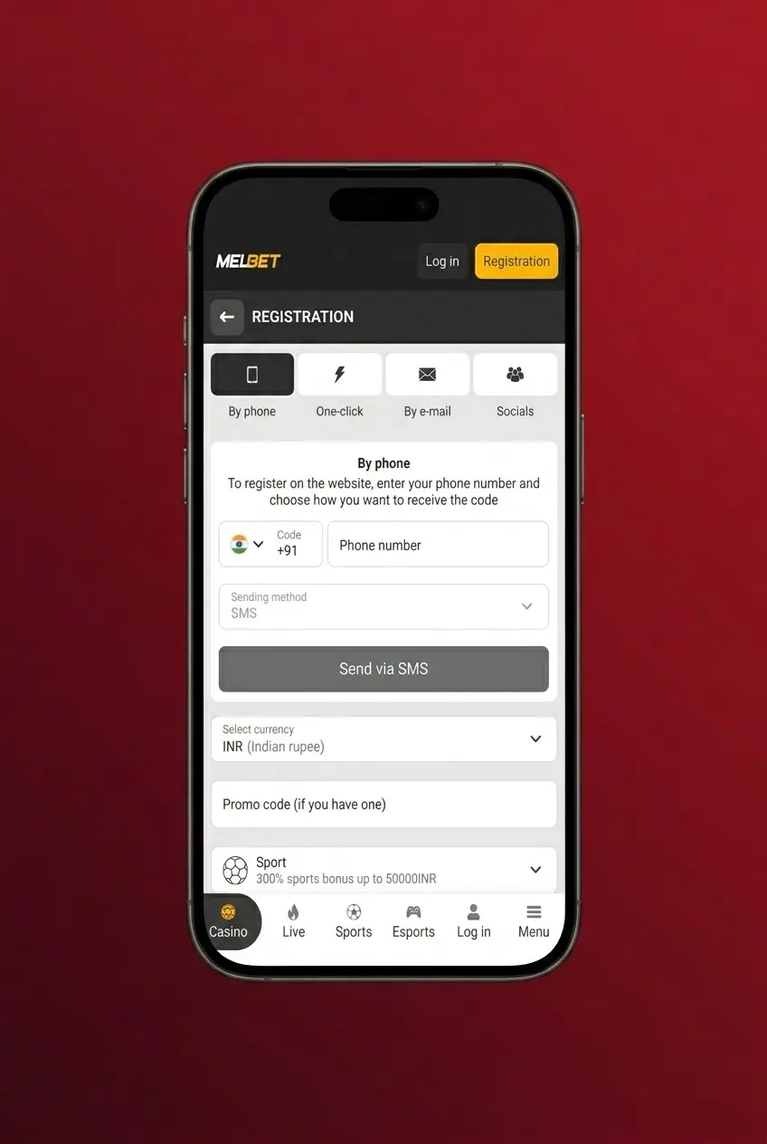 Melbet app home screen showing steps to register and play Crazy Time in the Live Casino section