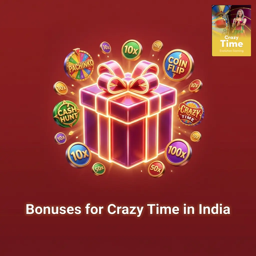 Crazy Time casino bonuses in India including welcome offers, free spins, cashback, reload bonuses, and loyalty rewards