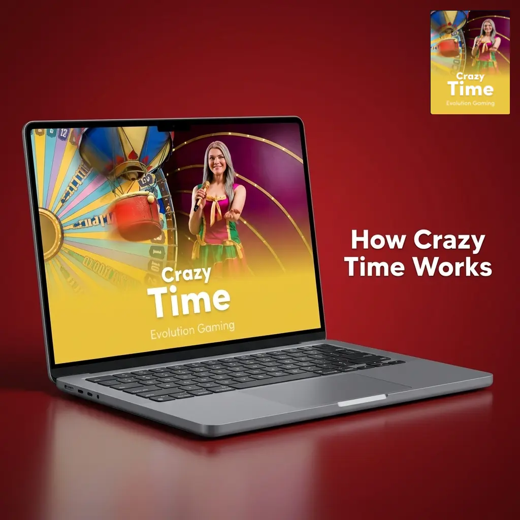 Live host spinning the 54-segment Crazy Time wheel with Top Slot multipliers and bonus round triggers visible