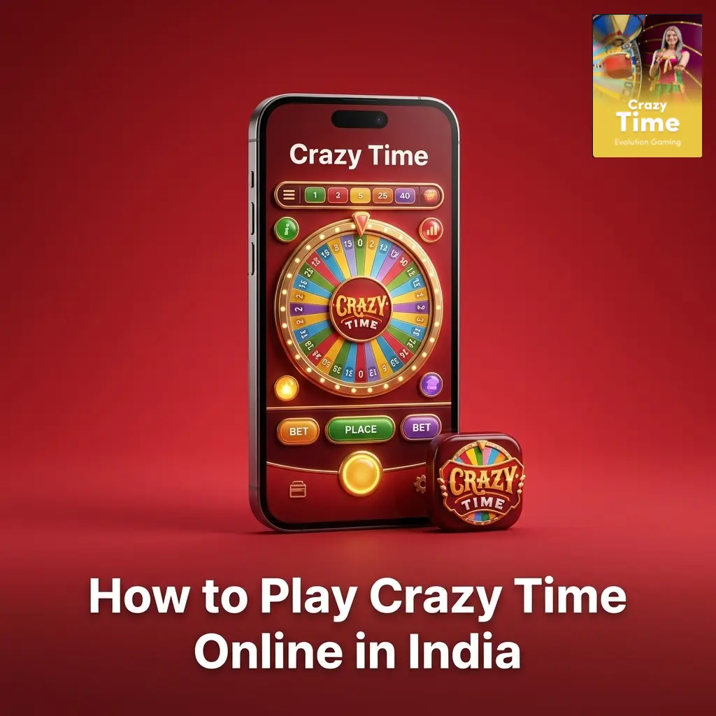 Live Crazy Time online gameplay steps in India showing registration, deposit via UPI, and betting on Evolution Gaming table