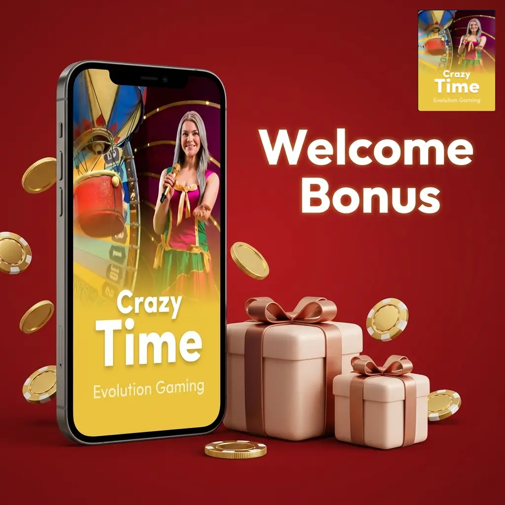 New player welcome bonus offer with deposit match percentage and free spins for Crazy Time casino game