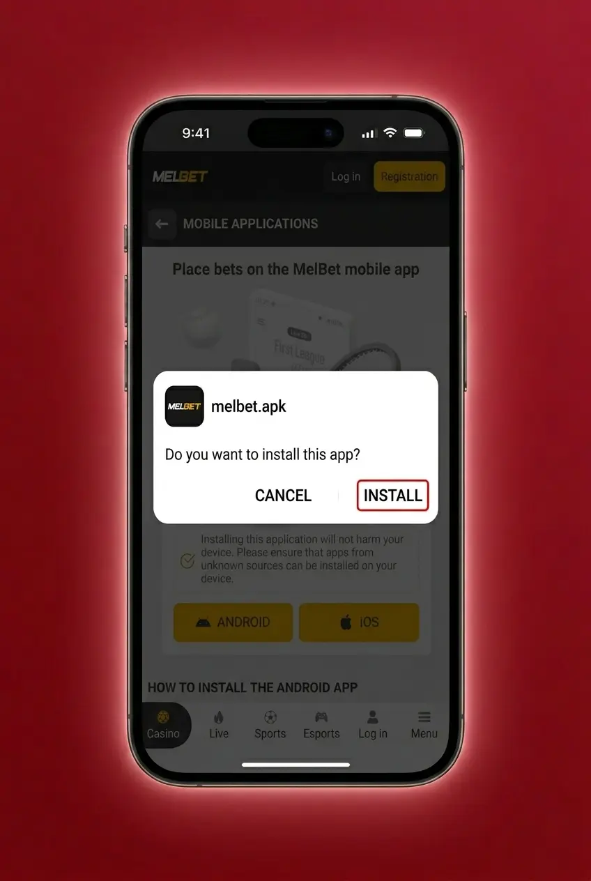 Melbet Android app APK download and installation steps on an Android device screen