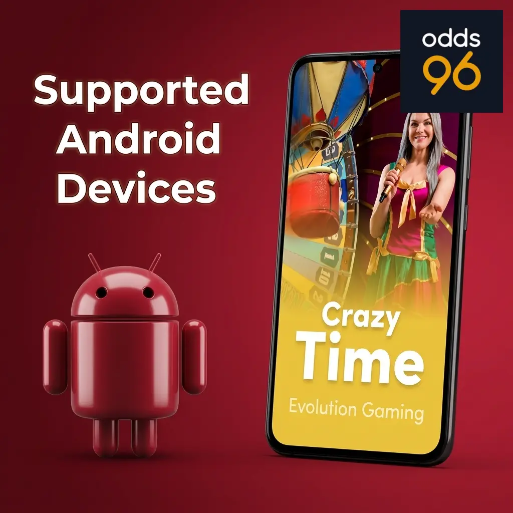 List of 10 supported Android devices for Odds96 Crazy Time app across budget, mid-range, and flagship tiers in 2026