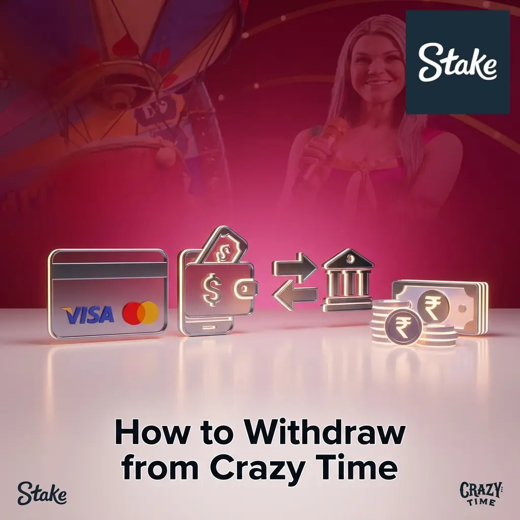 Stake app withdrawal steps for Crazy Time showing wallet icon, crypto payout selection, and confirmation screen